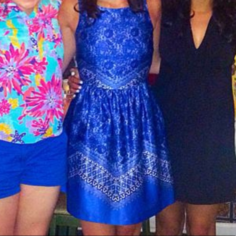 Blue satin dress with printed lace detail